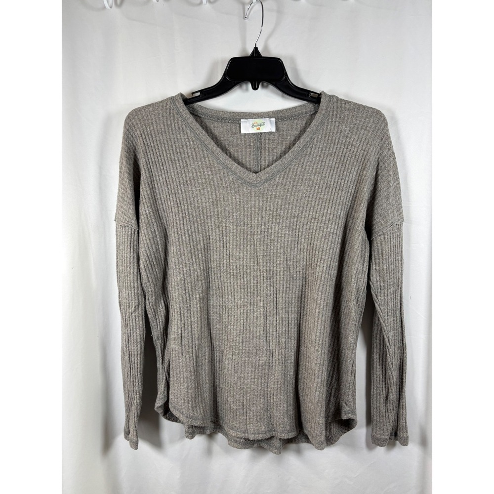 31:25 Boutique Womens Large Grey Waffle Knit V-Neck Long Sleeve‎ Top Pullover